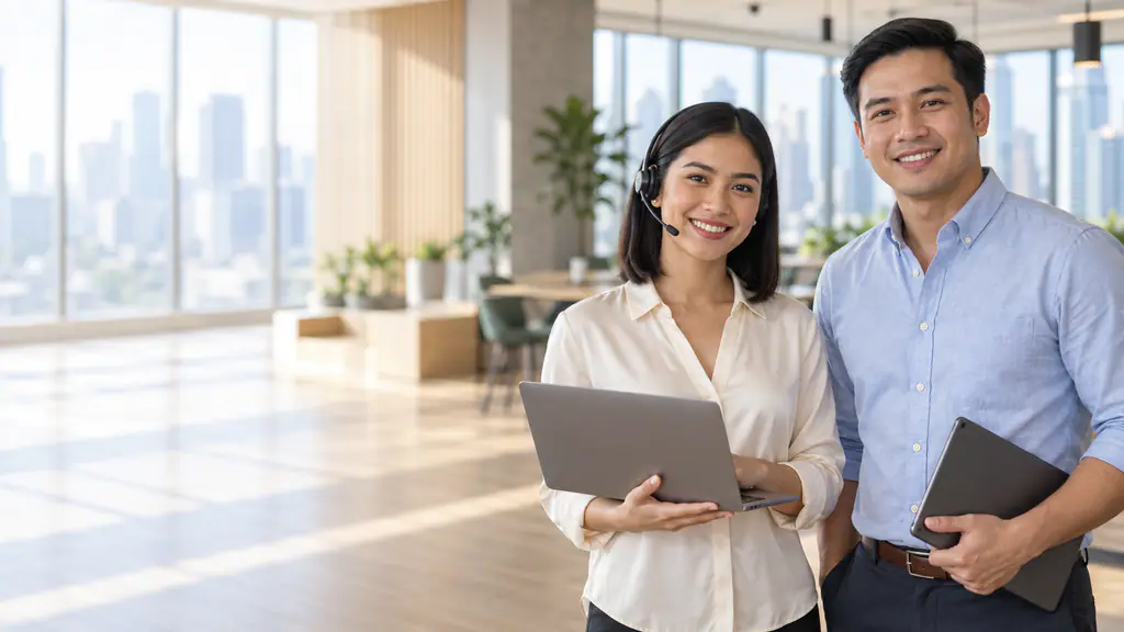 A smiling Filipina virtual assistant in a headset holds an open laptop beside a Filipino colleague in a light-blue shirt carrying a tablet, in a bright Manila co-working space with a city skyline behind them