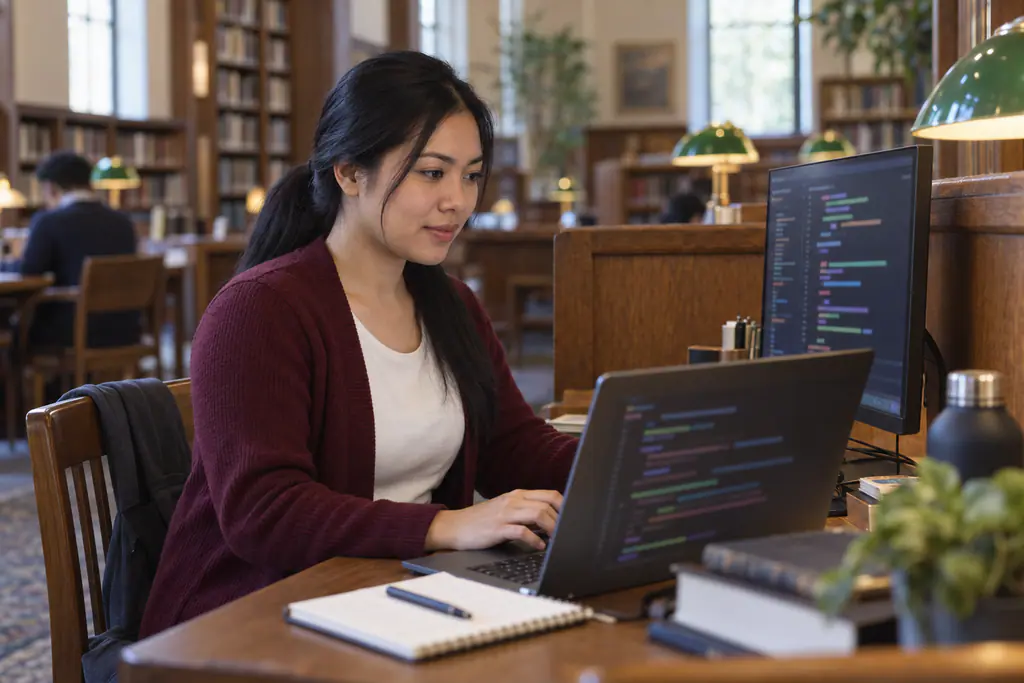 A Filipina software engineer writes code on her laptop and an external monitor at a wooden desk in a quiet library-style shared workspace